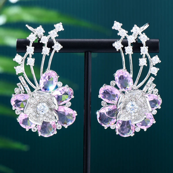 Luxury Clear Pink Crystal Earrings For Women Wedding Party CZ Engraving Dubai Bridal Earrings