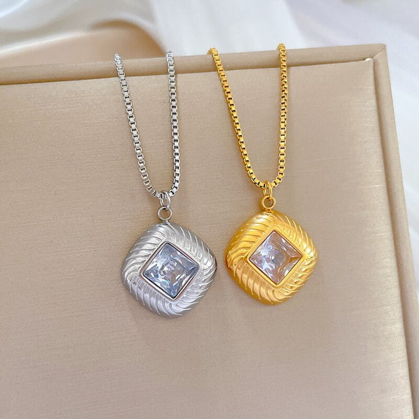 Gold Plated Square Zircon Temperament Personality Girls Pendant Necklace For Women