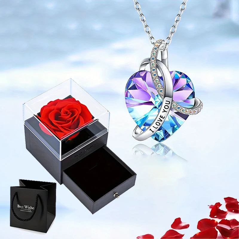 I Love You Zircon Pendant Necklace With Rose Gift Box For Girlfriend Birthday Christmas Romantic Gift