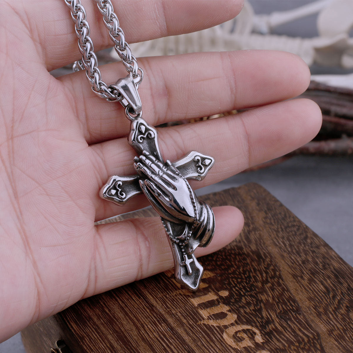 Stainless Steel Cross Prayer Hand Necklace Men's