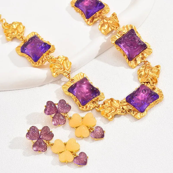 2 Pcs Purple Stone Square Jewelry Set