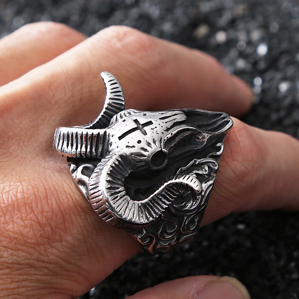 Gothic Lucifer Vintage Satan Sheep Rings For Men Punk Hip Hop Stainless Steel Skull Men's Ring