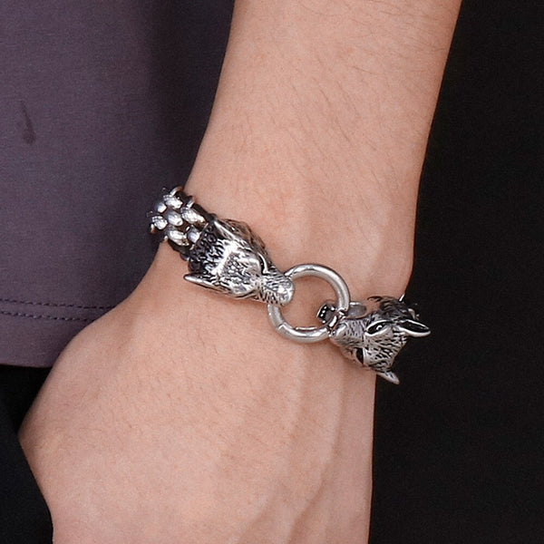 13MM Wide Double Wolf Head On Hand Bands Bracelet For Men