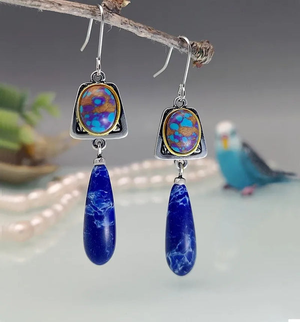 Bohemian Style 925 Silver Needle Natural Lapis Lazuli Stone Dangle Hook Earrings