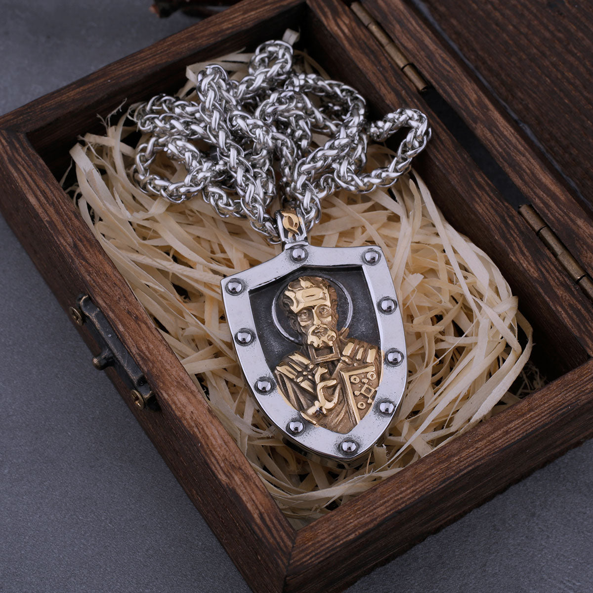 Stainless Steel Saint Nicholas Christian Necklace Men's