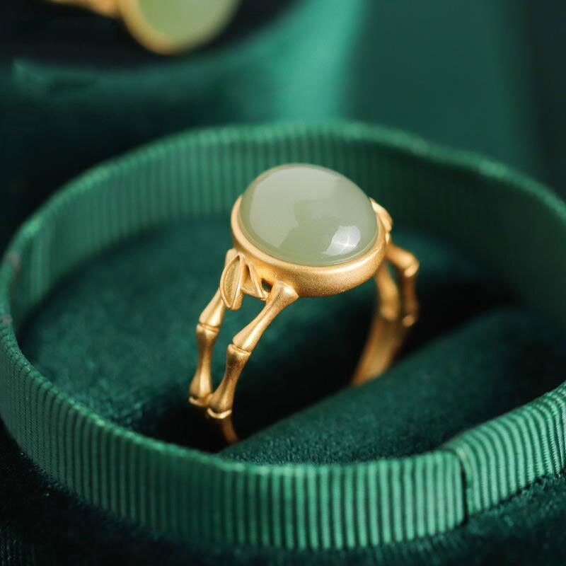 Ancient gold craft inlaid natural hetian green jade oval bamboo open adjustable ring