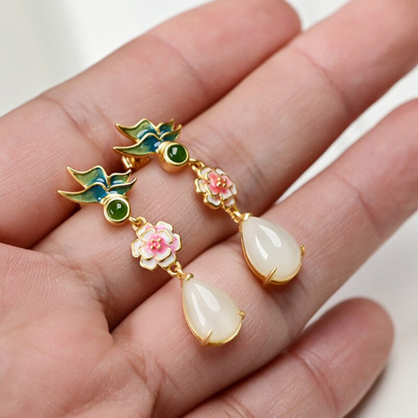 Original antique enamel porcelain flower drop earrings for women