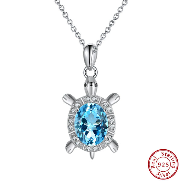 925 Sterling Silver Cute Turtle Pendants Necklace with Blue Austrian Crystal Pendant