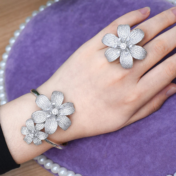 New Luxury Bangle Ring Jewelry Set Big Flowers Fashion Shinning Noble for Women