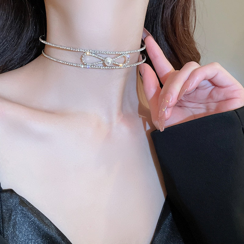 Korean Elegant Bowknot Pearl Double Layer Choker For Women