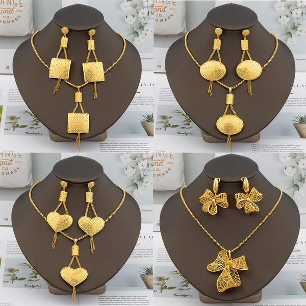 Ethiopian Gold Plated Heart Round Rectangle Shape Pendant Necklace Earrings Jewelry Set