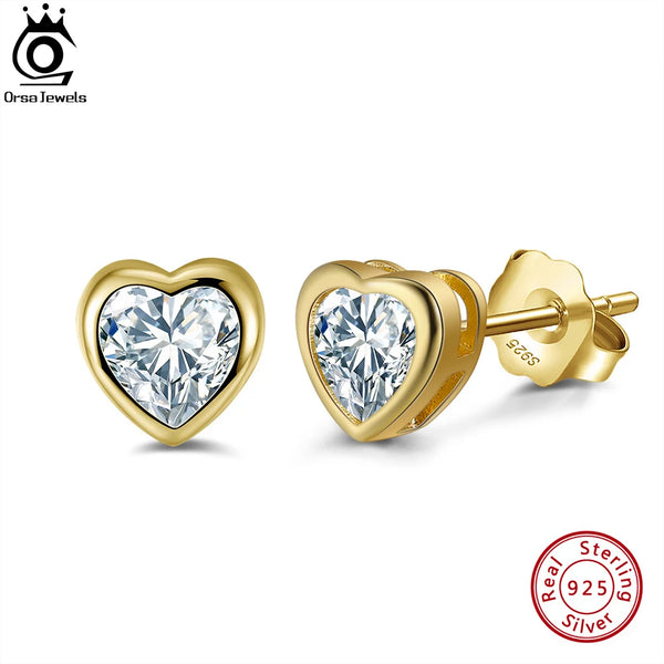 Gold Plated Sterling Silver Brilliant Heart Cubic Zirconia Earrings