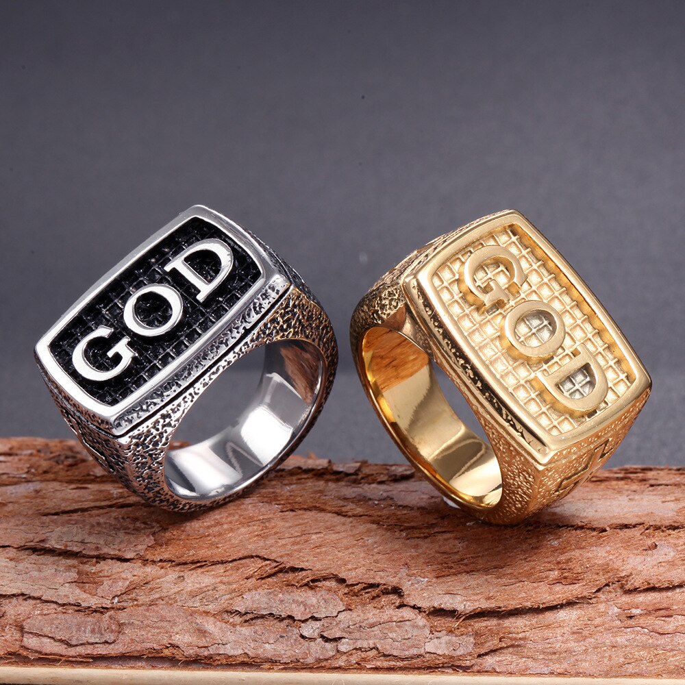 Stainless Steel Titanium Retro English Letter GOD Cross Vintage Rings for Men Women