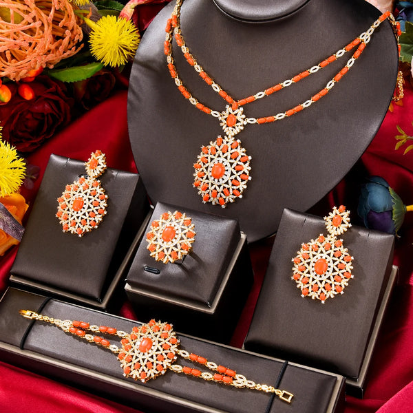 Luxury 2 Layers 4 PCS Sets Bridal Jewelry Sets For Women Nigerian African Necklace Earring Sets