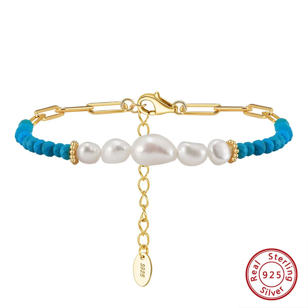 14K Gold 925 Sterling Silver Turquoise Chain Bracelet