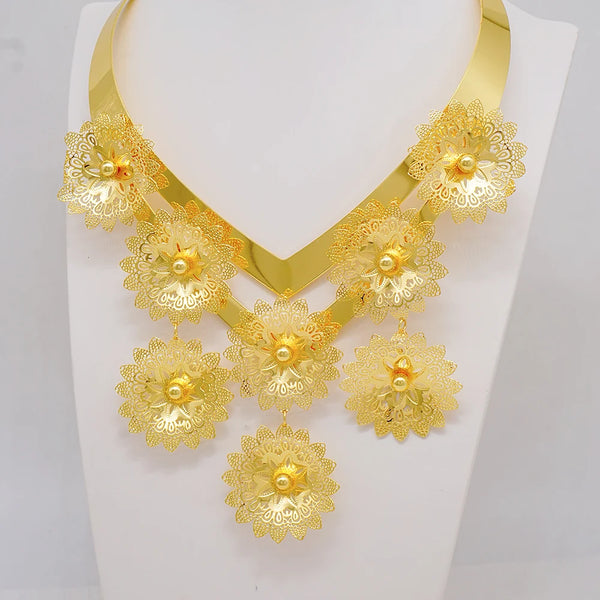 Luxury Indian Dubai Gold Color Plated Flower Big Necklace Earrings Jewellery Sets