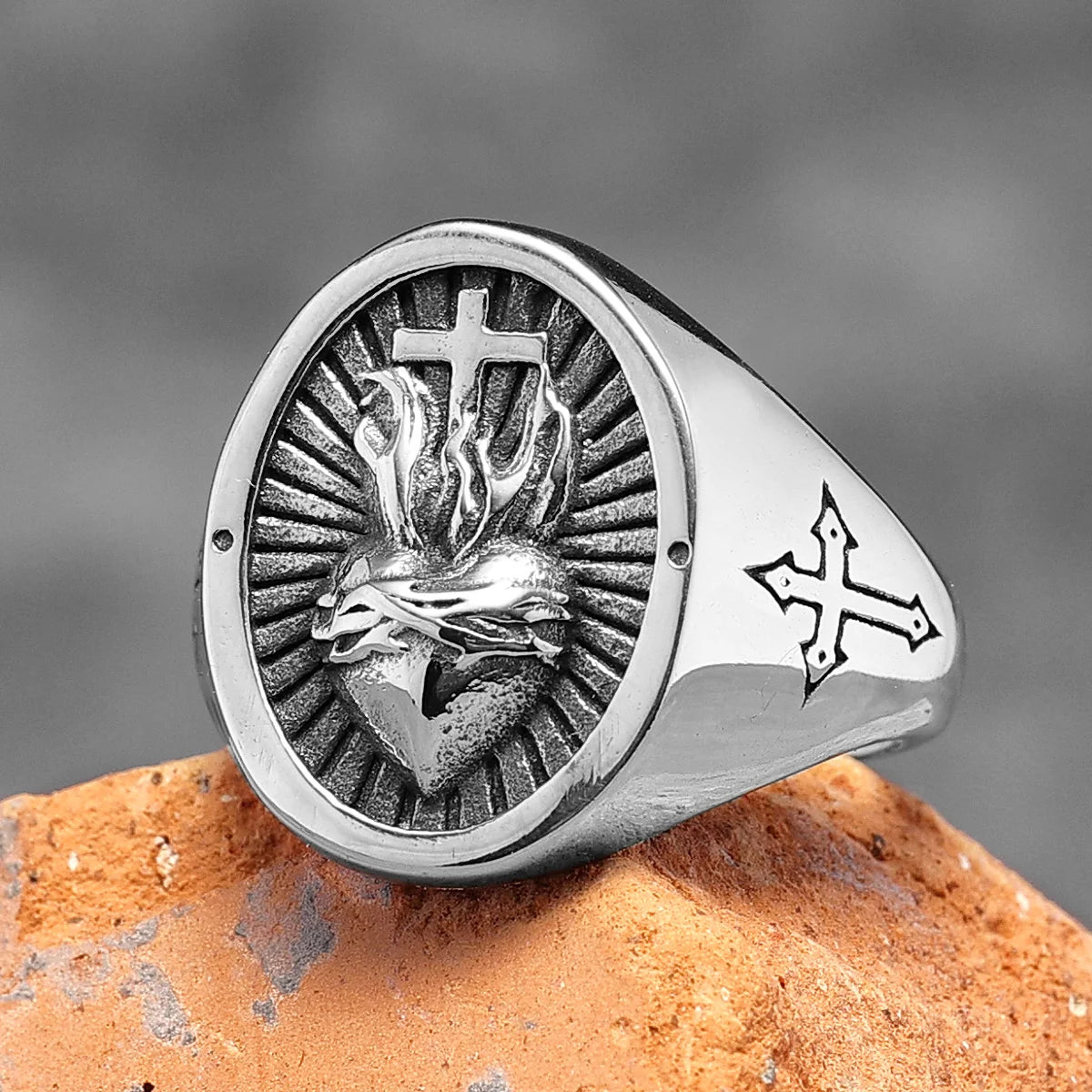 Heart of God Ring Religion Cross 316L Stainless Steel Mens Rings