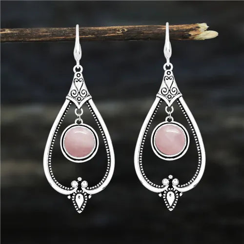 Round Pink Quartz Dangle Earrings For Women