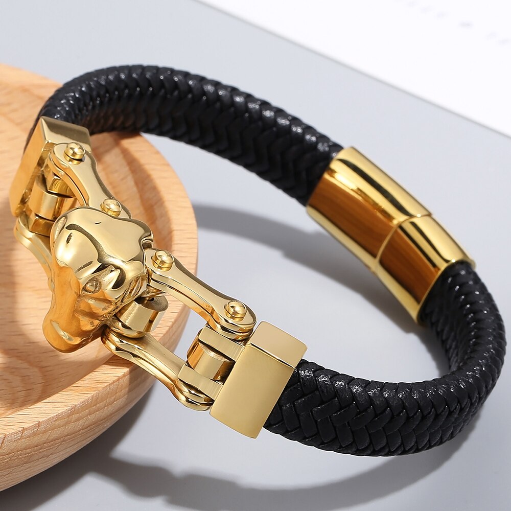 Gold Plated Stainless Steel Crocodile Head Men Leather Bracelets Bangles