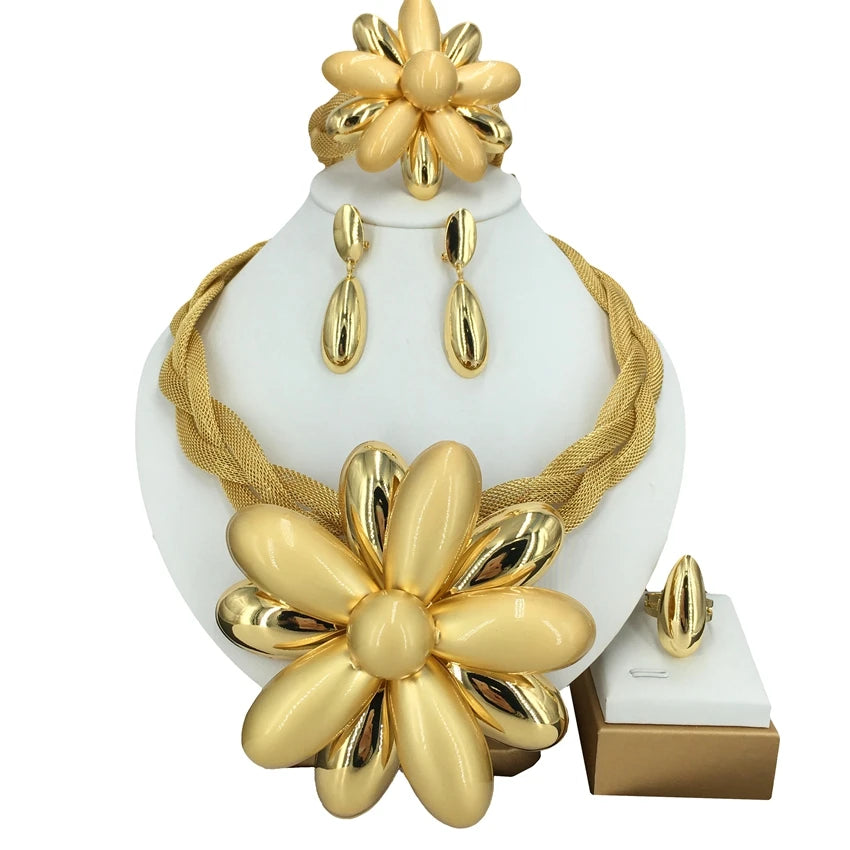 High Quality Big Flower Brazilian Gold Plated Jewelry Sets for Women Party Gifts