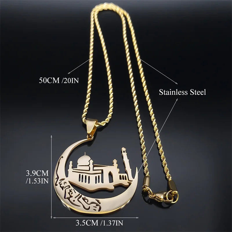 Islamic Mosque Crescent Moon Necklace for Women Men Stainless Steel Gold Color