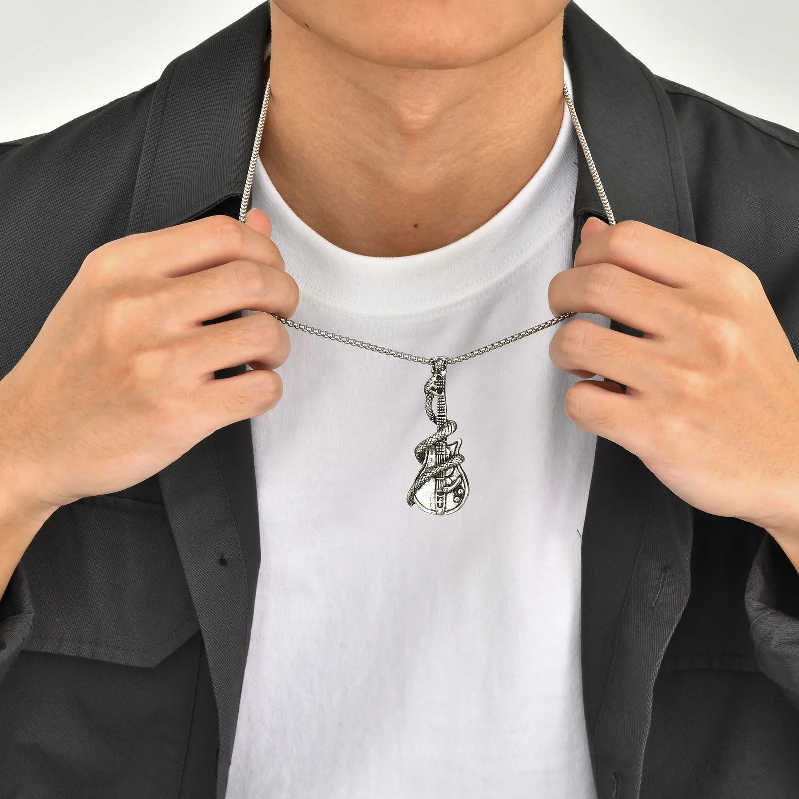 Rock Punk Guitar Necklace for Men Boys, Retro Silver Color Snake Pendant Gifts