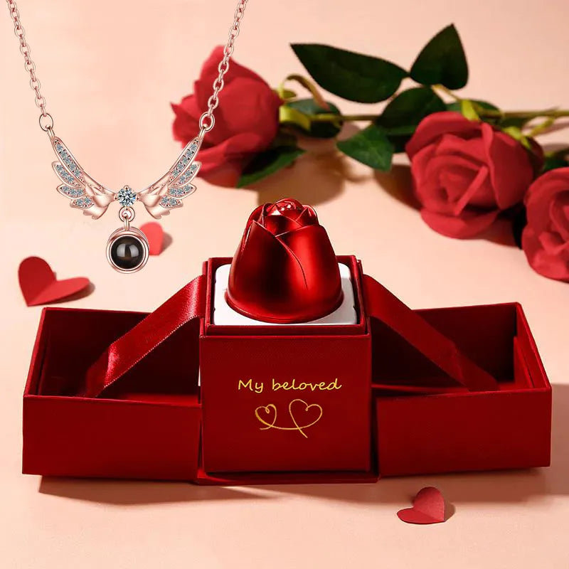 Angel Wings Necklace With Rose Gift Box 100 Languages I Love You Projection Pendant Jewelry