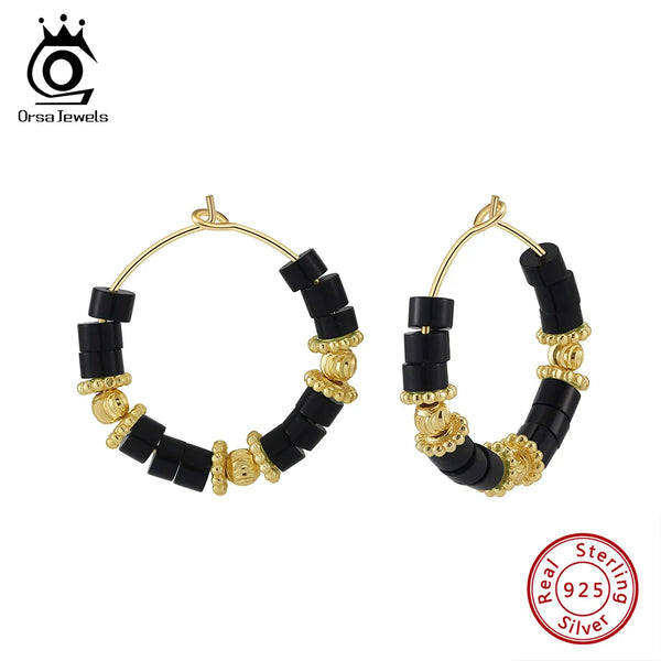 925 Sterling Silver Obsidian Hoop Earrings