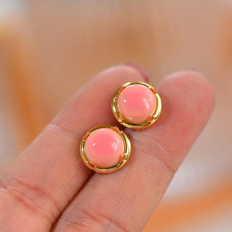 Original design new silver inlaid round pink enamel earrings for women