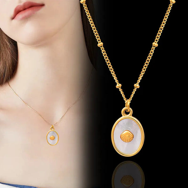 Stainless Steel Inlaid Solid Scallop Oval Shell Pendant Necklace For Women