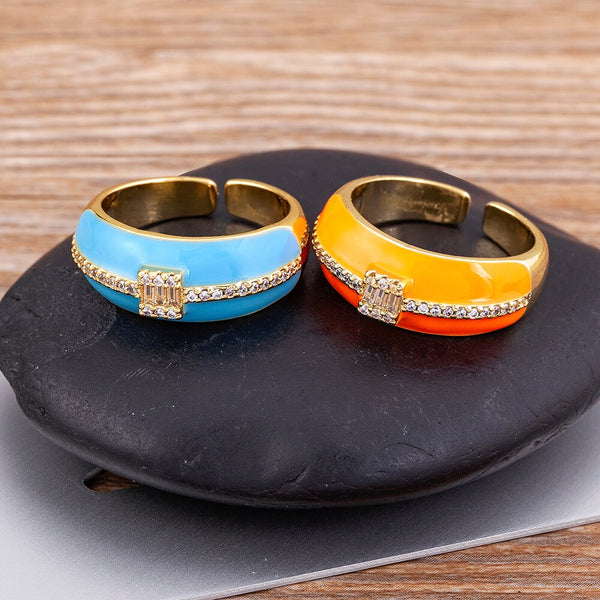 New Arrival Rainbow Enamel Dripping Oil Zircon Ring For Women