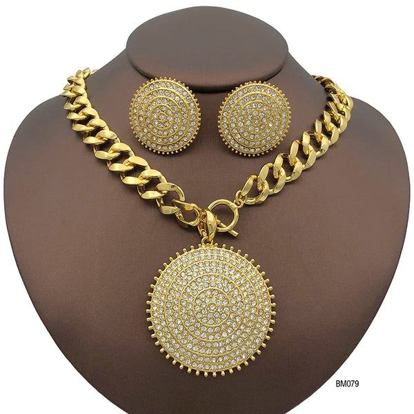 Italian Rhinestone Round Necklace And Earring Set For Women