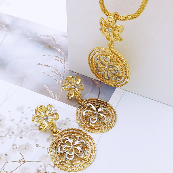 Dubai Two Tone Color Jewelry Sets Flower Necklace Pendant Earrings Set