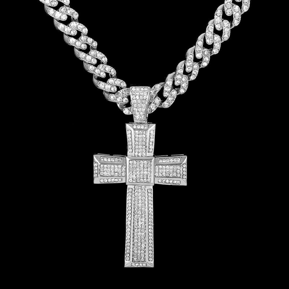 Iced Out Bling Cross Pendant Necklace Men Hip Hop 11Mm Cuban Chain Necklace