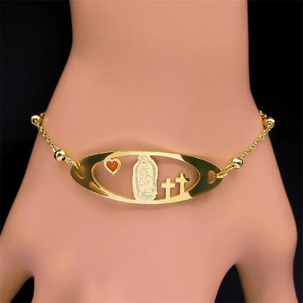 Virgin Mary Guadalupe Bracelet for Women Men Stainless Steel Gold Color Cross Rosary Gifts