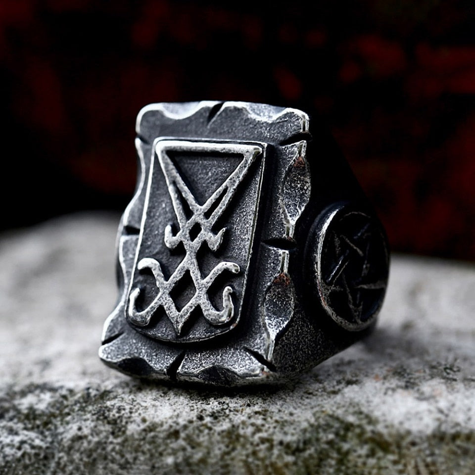 Punk Retro Lucifer Signet Star Ring Gothic Unique Devil Sign Men Rings