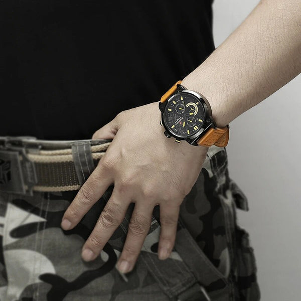 Casual Genuine Leather Military Sport Wristwatch Men Quartz Muliti-Function Watches