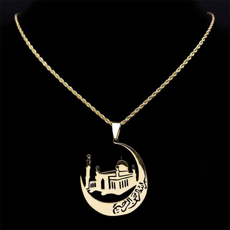 Islamic Mosque Crescent Moon Necklace for Women Men Stainless Steel Gold Color