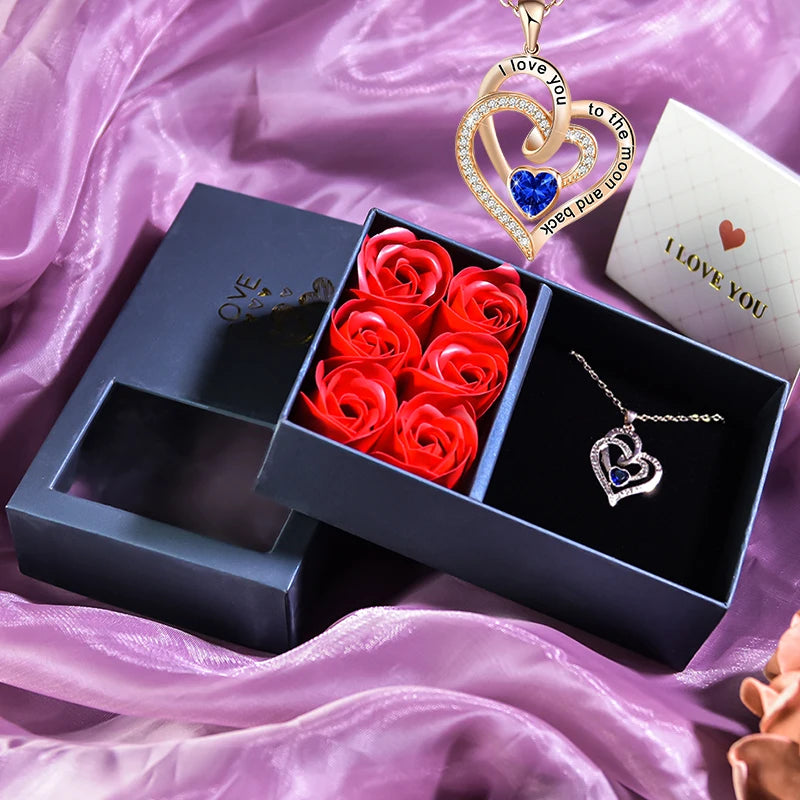 Crystal Heart Necklace Set I Love You To The Moon and Back In Artificial Rose Box