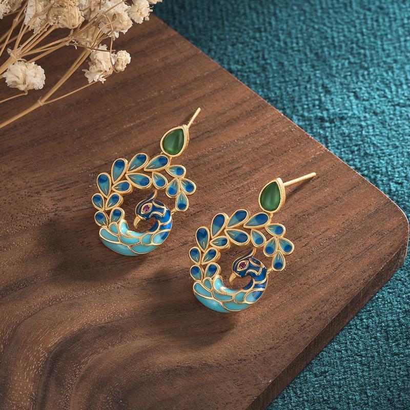 enamel porcelain peacock earrings for women