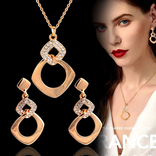 Sparkling Rhinestone Wedding Jewelry Sets Gold Color Hollow Geometric Earring Necklace Set