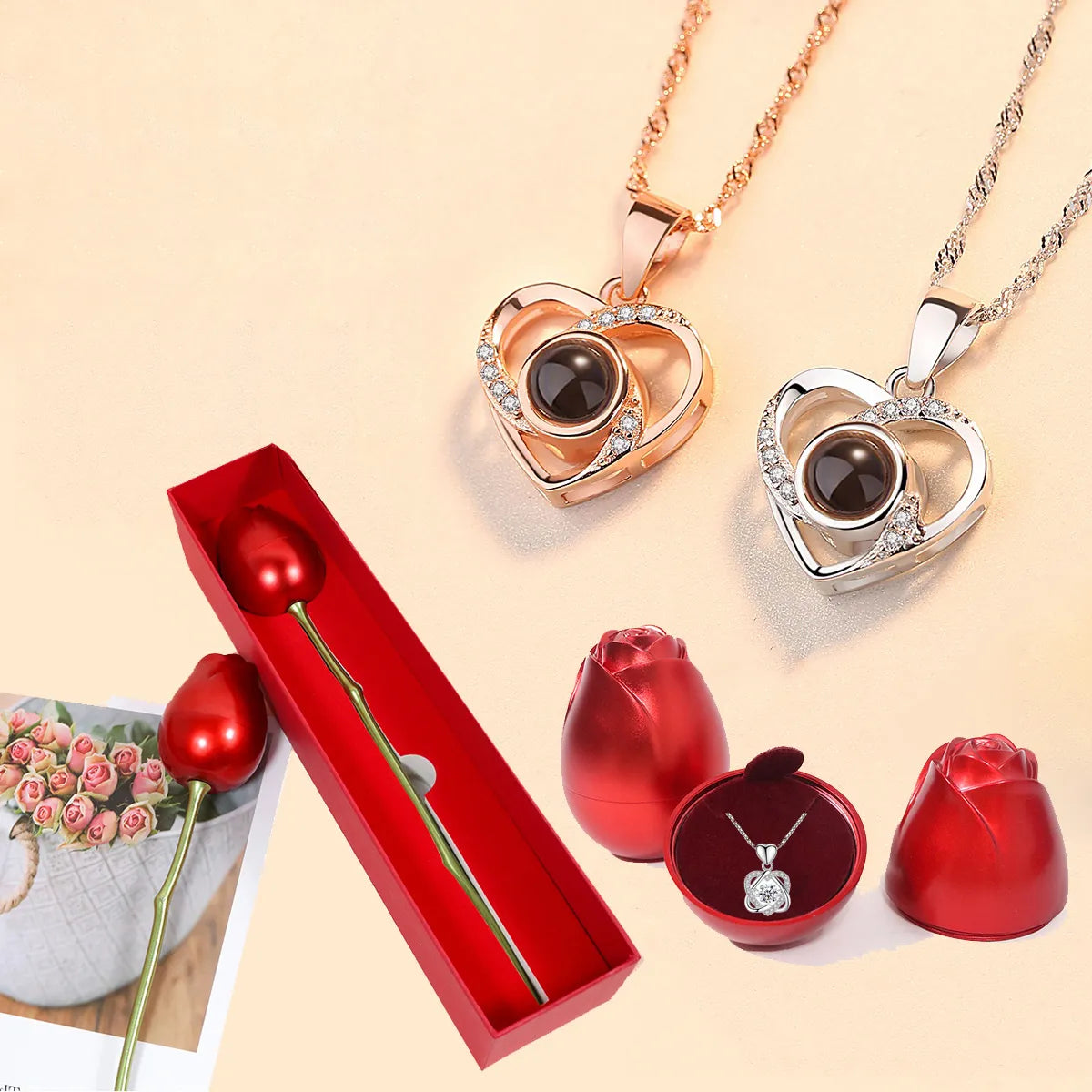 Love Heart Necklace With Rose Gift Box For Women Girlfriend