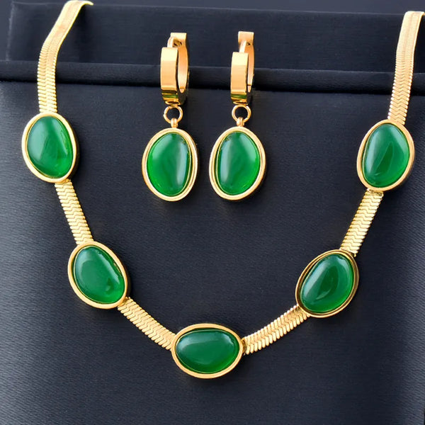 Vintage Green Stone Stainless Steel Necklace For Women