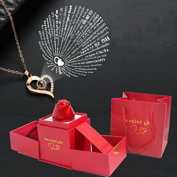 Titanium Steel 100 Languages I Love You Projection Necklace With Rose Gift Box