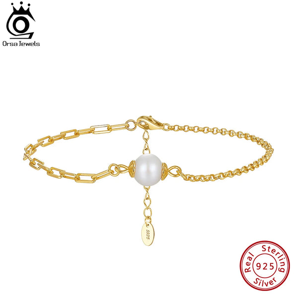 925 Sterling Silver Cuban Chain Bracelet with Real Natural Pearl for Women