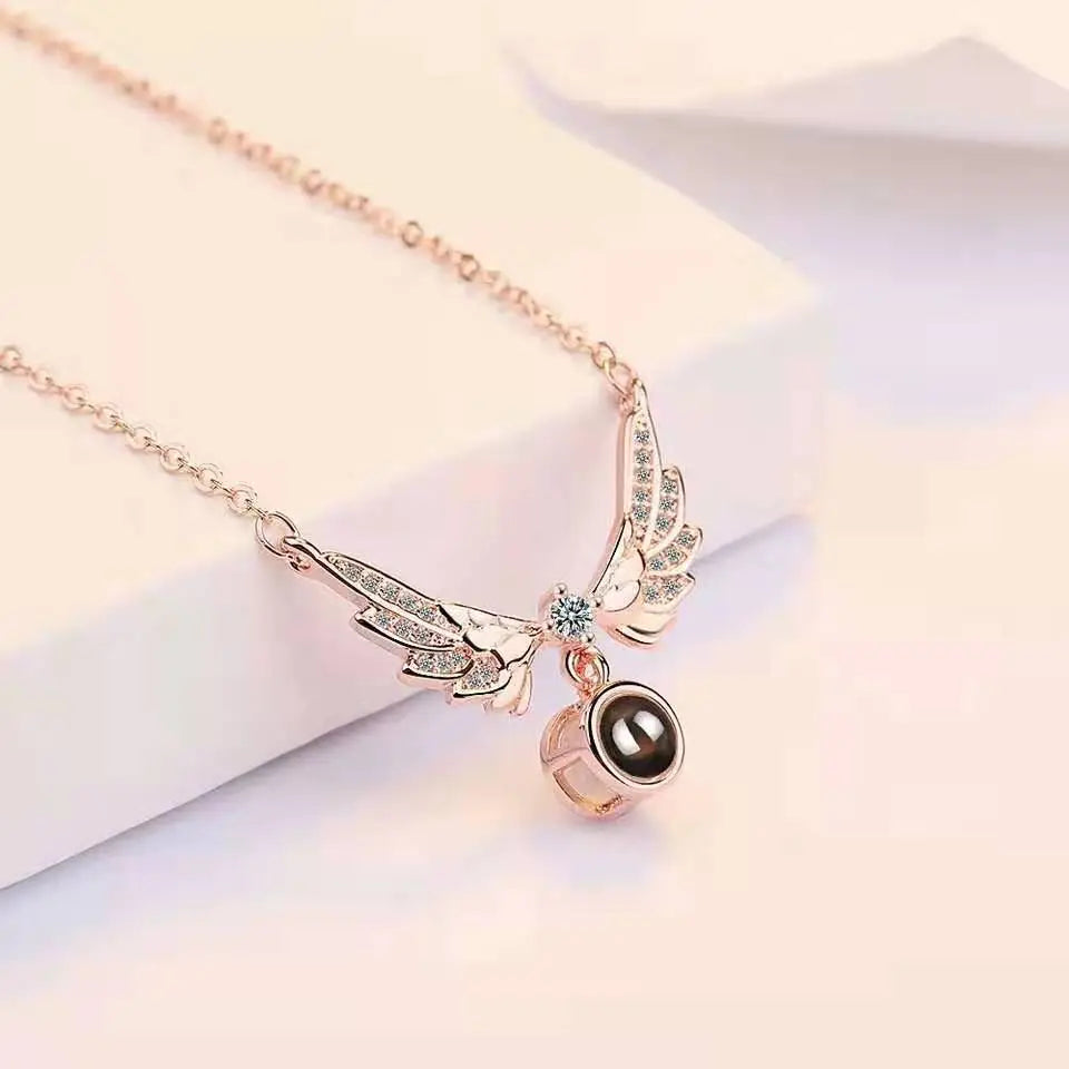 Angel Wings Necklace With Rose Gift Box 100 Languages I Love You Projection Pendant Jewelry