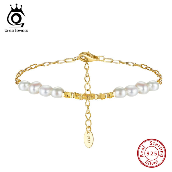 14K Gold 925 Sterling Silver Nugget Chain Bracelet with Exquisite Natural Pearl for Women