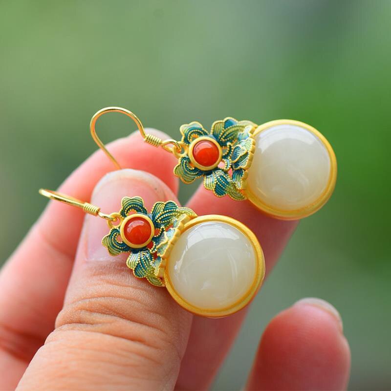 Natural Hetian  jade enamel porcelain Earrings