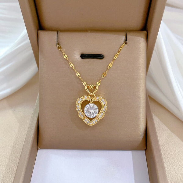 Gold Plated Shine AAA Clear Zirconia Heart Shaped Charm Pendant Necklace For Women