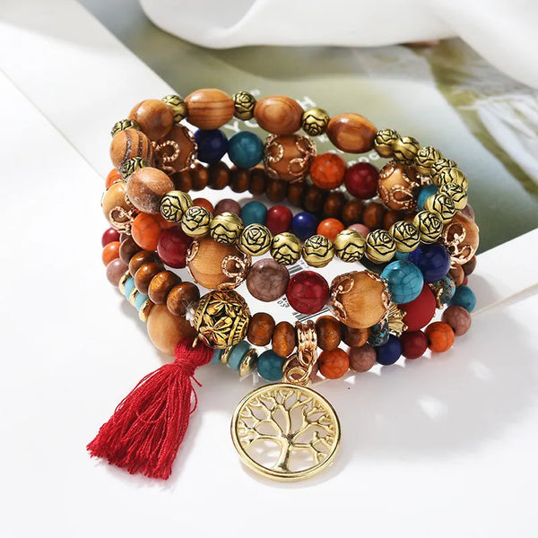 Bohemian Bracelet Creative Ladies Tree of Life Jewelry Tassel Multi-layer Wooden Beaded